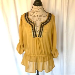 Adrienne Vittadini Sheer Gold Embellished Tunic